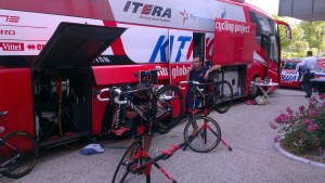 Katusha team bus and bikes at our hotel in Tours